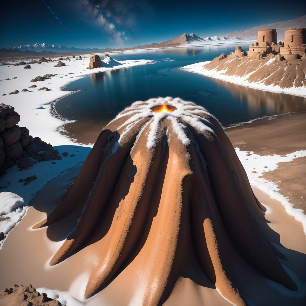 Alien base (Very detailed) In the mountainous desert，There are several exhaust fans and chimneys, Some spotlights come out of the base to illuminate dark placetreme nights), Some clouds in the night sky, Some of the surrounding planets provide air to unknown planets，The farthest giant volcano  erupting