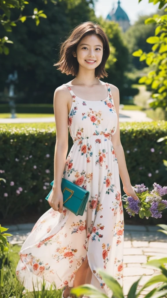 masterpiece, highest quality, disorganized, perfect anatomy, 1 girl, alone, pascal tales, short hair, beautiful, Hilarious, sunny day, botanical garden, Summer winds, sundress, Floral, wavy hair, smile