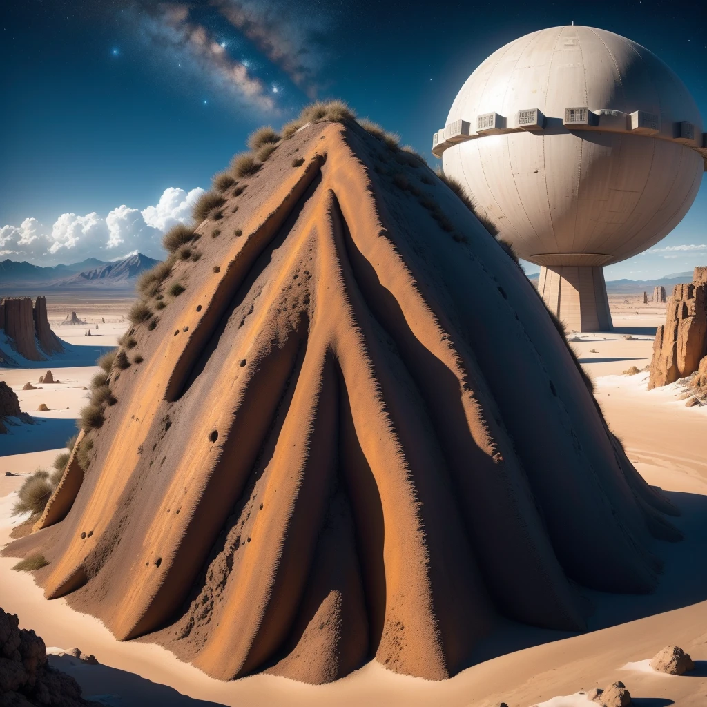 Alien base (Very detailed) In the mountainous desert，There are several exhaust fans and chimneys, Some spotlights come out of the base to illuminate dark placetreme nights), Some clouds in the night sky, Some of the surrounding planets provide air to unknown planets，The farthest giant volcano  erupting