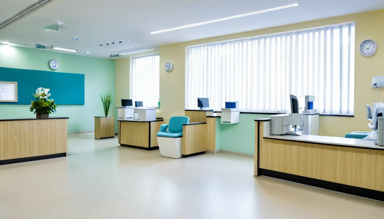 hospital reception, no people, computer at reception, chairs for patients to sit