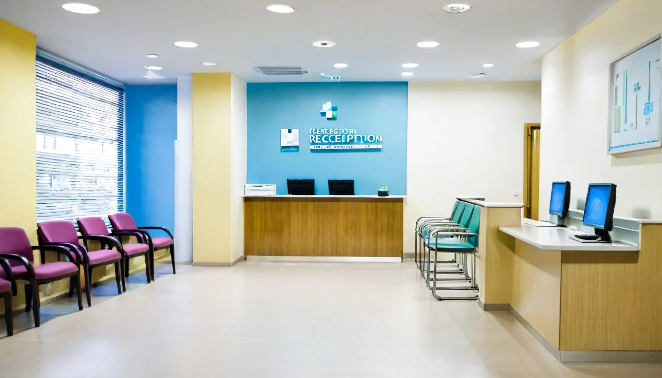 hospital reception, no people, computer at reception, chairs for patients to sit