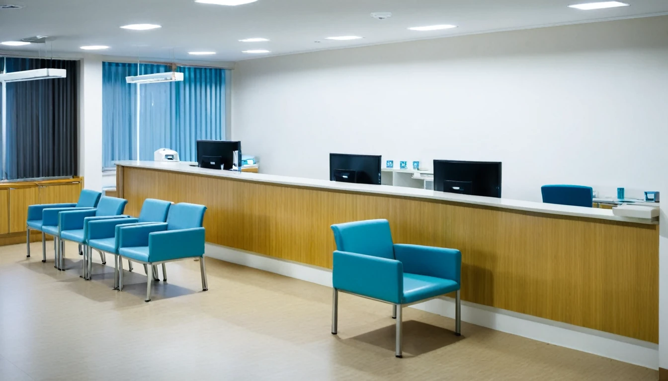 hospital reception, no people, computer at reception, chairs for patients to sit