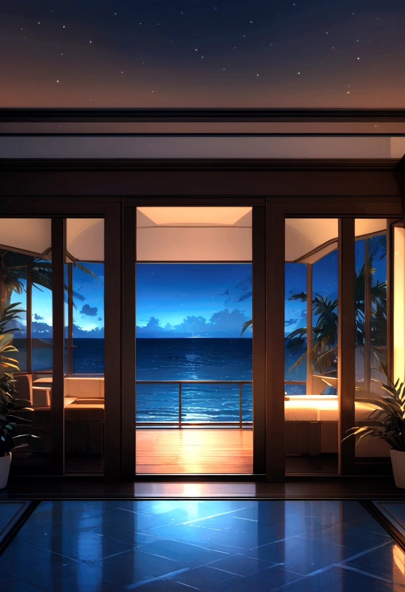 A photorealistic room in a luxury villa facing the sea, it is 11 at night, in summer and it is very hot.