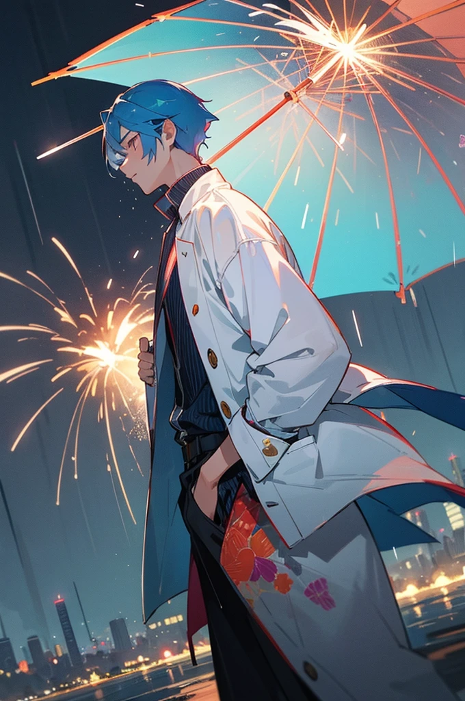 Masterpiece, best quality, super detailed, illustration In the rainy night sky、Colorful large fireworks bloom magnificently、Fireworks blast blows away the surrounding rain clouds、Clear the sky。Below that、A person who have a blue hair, his profile was illuminated by the light of fireworks.、In the background, Cityscape changing from rain to sun.。The spectacle is nostalgic and fantastic., male, arms in pockets, silver eyes, white jacket, mature male