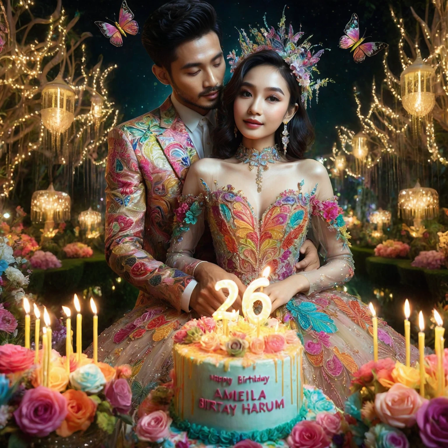 Stunning surrealist of 26th birthday celebrations, Close-up shot; 26 year old Indonesian woman wearing a colorful luxurious birthday dress with intricate decorations with a handsome man, romantic pose, they celebrate the woman's birthday in a stunning paradise garden with decoration, the woman holds a birthday cake "HAPPY BIRTHDAY AMELIA SEKAR HARUM", "26 ", they are happy, night view with fairy light, butterfly, birthday party decoration, UHD 1536px, high quality photo.
