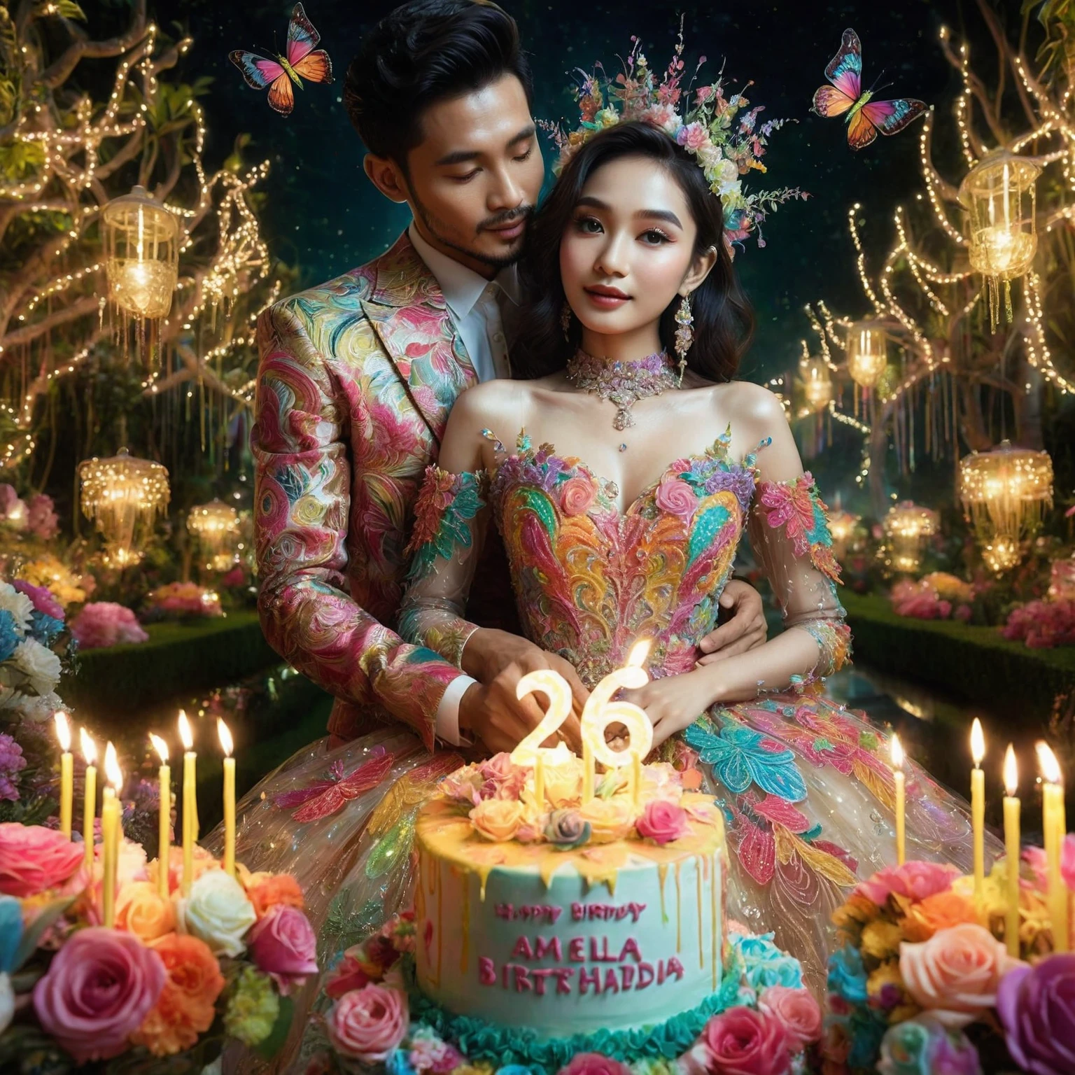 Stunning surrealist of 26th birthday celebrations, Close-up shot; 26 year old Indonesian woman wearing a colorful luxurious birthday dress with intricate decorations with a handsome man, romantic pose, they celebrate the woman's birthday in a stunning paradise garden with decoration, the woman holds a birthday cake "HAPPY BIRTHDAY AMELIA SEKAR HARUM", "26 ", they are happy, night view with fairy light, butterfly, birthday party decoration, UHD 1536px, high quality photo.