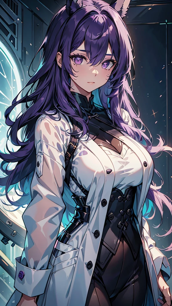 Woman;
cientist;
white labcoat;
black blouse;
Mid breasts;
purple eyes;
cabelo roxo;
Orelhas de coelho;

Tem orelhas de coelho 