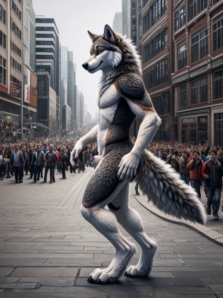 anthro,nude,detailed fur,detailed eyes,smiling,multicolored body,sheath,multicolored fur,solo,male,wolf,hi res,fur,digitigrade,look at viewer,side view,claws,walking,anatomically correct,city,crowd,outside,full body