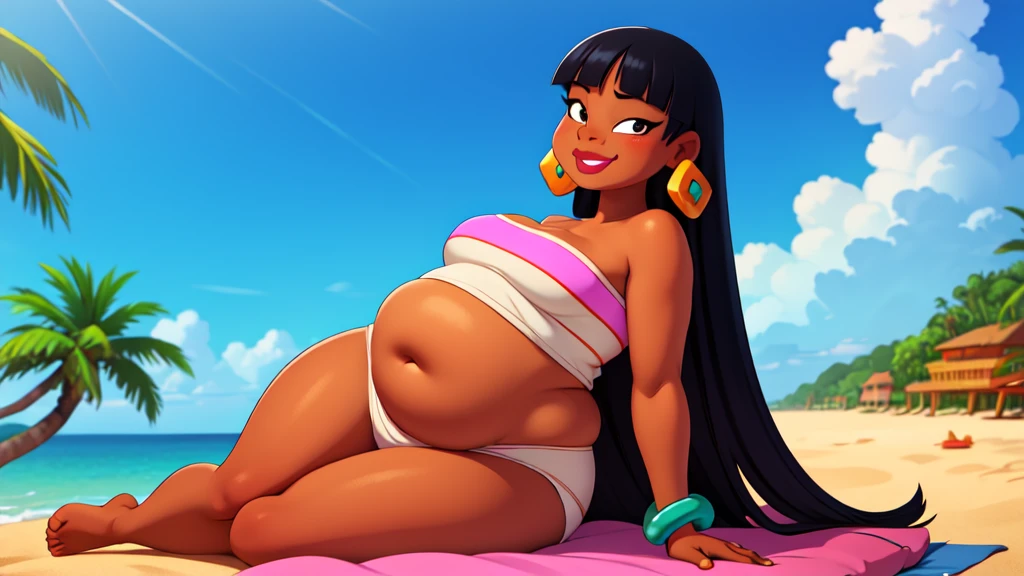 (work of art:1.2, best qualityer:1.2), soft ambient lighting, perfect lighting, 1 girl, standing alone, Chel, Bblack hair, long hair, rhombus stripe, eyes browns, darkskin, lipstick, breasts big, Broad Hips, top of the tube, neckleace, bared shoulders, emerald earrings, emerald bracelets, looking at the camera with a smug expression on his face, beach background, very large body, fat belly rolls, big breasts, sexy smile, fat arms, thunder thighs, super fat, looking at viewer, wet clothes, sweating very hard, sexy looking, blob, breathtaking, bedroom, lying in bed, home