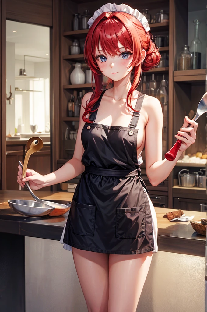 A girl in an apron on a naked body with a ladle in her hands. Red hair