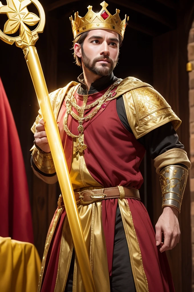 Make a man in medieval times with a gold and diamond crown dressed in red with yellow parts 34 years old short hair without a handsome beard