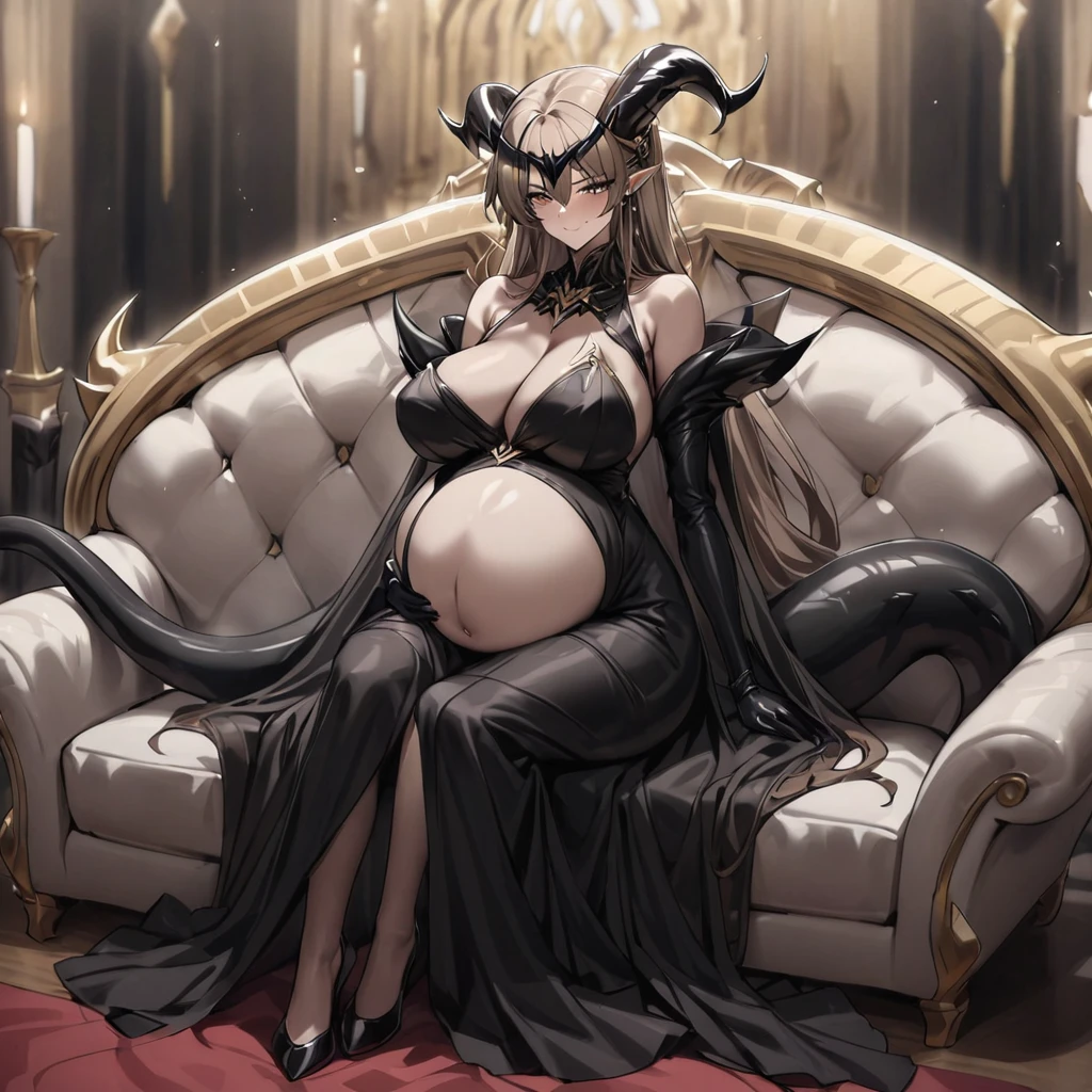 ((Highest quality)), ((masterpiece)), (detailed), (Perfect Face)、The woman is a jet-black devil、The woman is a jet-black female demon with magnificent demon horns and a jet-black tail, her skin is the same black as the Demon King, and she is wearing a seductive and luxurious jet-black dress of the Demon Queen. Her name is Princess Leona, a jet-black demon with medium-long light brown hair. The man and woman are cuddling happily on a large sofa.、The woman is sitting happily on a large sofa, snuggled up to her beloved husband, the powerful demon king.、A strong demon king is sitting on a large sofa in front of a luxurious demon altar, embracing his wife, the demon queen Leona.、the woman is pregnant