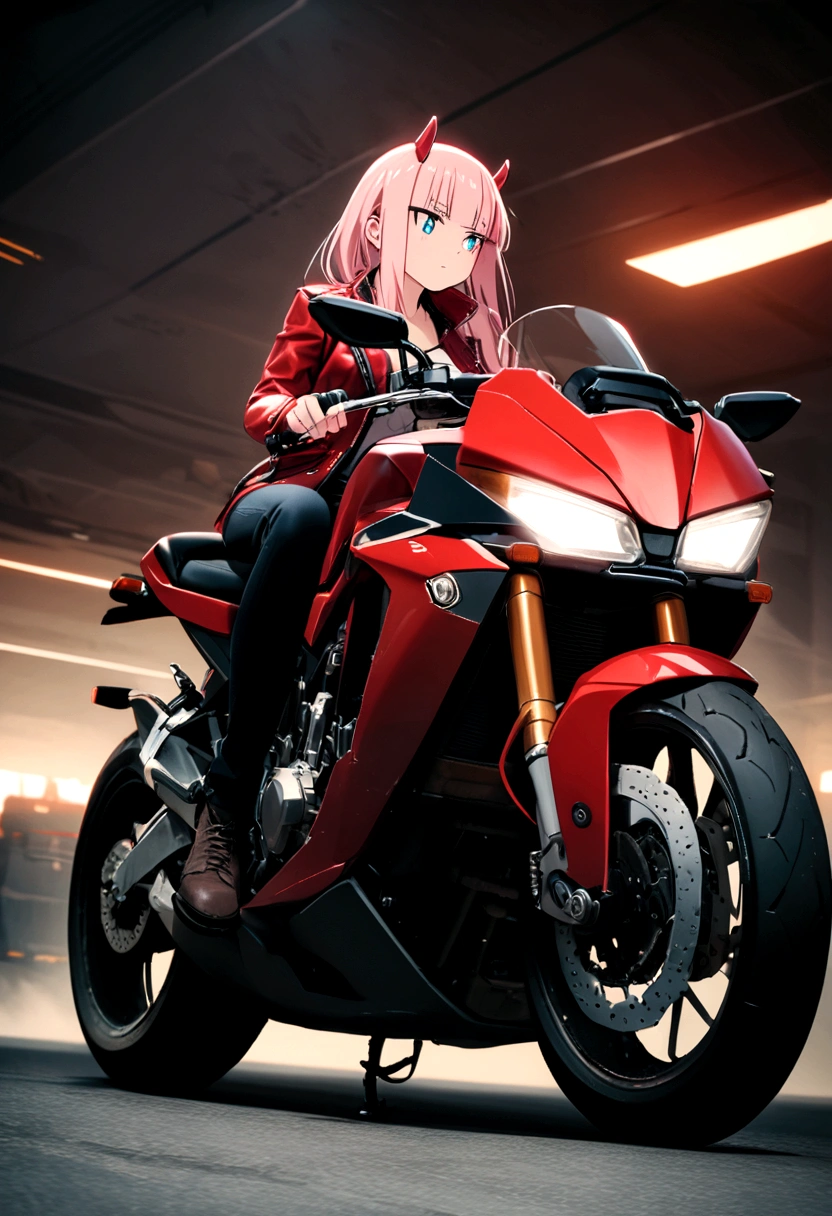 Photo of zero two sitting next to his motorbike with his sword