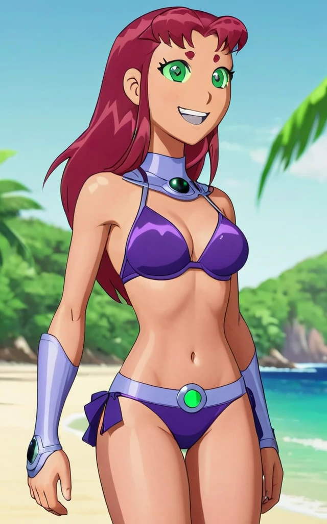 ohxw, star12, red hair, green eyes, purple bikini, full body, blushing, smile, walking up from a beach, 4k, highly detailed, lighting, outside, cartoon, 2d, sharp,