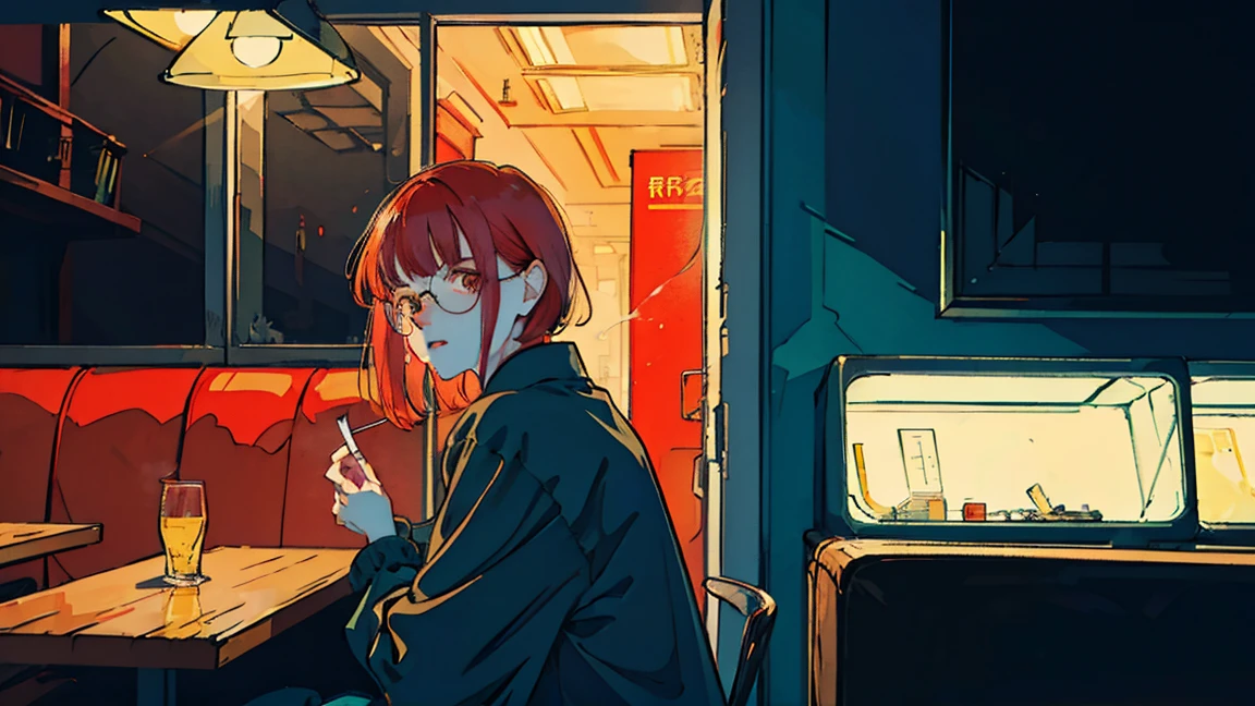 Beautiful Asian redhead sitting in a restaurant at night, Visible from the window, face perfect, oculos de sol, Smoking white Taylormade cigarettes, Neon black, (back-illuminated: 1.1), hard shadows, work of art, highest quallity, complex, model shooting style, vintage, Film grain, incomplete details