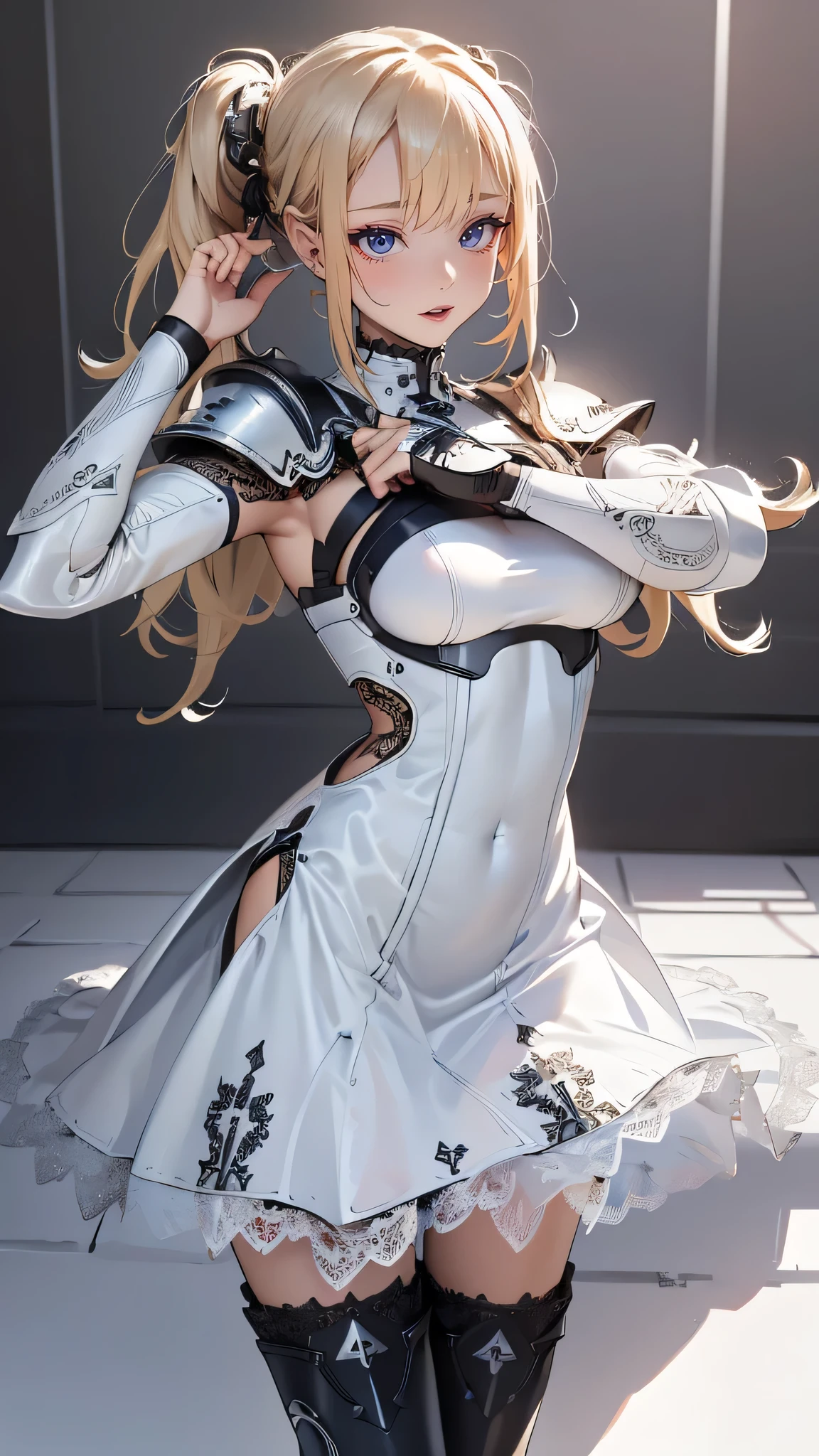 (dynamic fighting pose),(leather boots,(asymmetrical mecha armor),(long embroidered white lace dress,see through,lift up the hem of the dress)),(random hairstyle),(Thin type:1.8),(large breasts),(Highest image quality,(8K), Ultra-realistic, Best Quality, High quality, High Definition, high quality texture, high detailing, Beautiful detailed, fine detailed, extremely details CG, Detailed texture, realistic representation of face, masterpiece, presence)