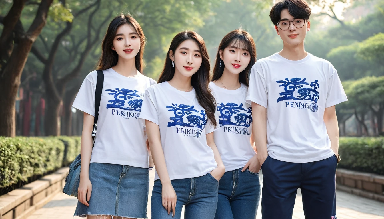 College students wearing Peking University T-shirts。RAW photos，Best quality，（reality，照⽚reality感：1.3），masterpiece，Extremely exquisite and beautiful，High resolution，Original，Perfect lighting，（Extremely detailed CG：1.2），Unification，2k wallpaper，Amazing，Fine details