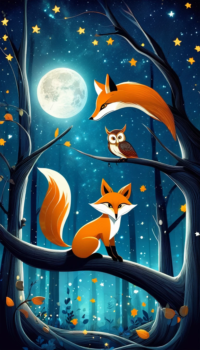 a fox and an owl play on the branches of a tree at night, gloomy forest, magic, fantastic, night sky, moon, stars, background,
