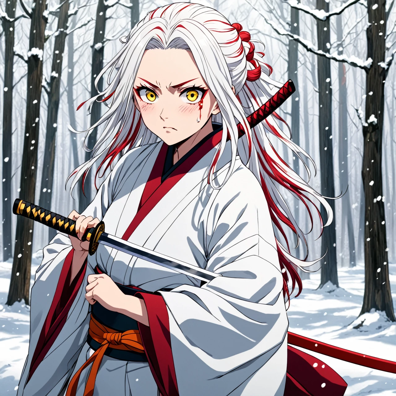 Kimetsu no yaiba anime style female character, long white hair with red hair highlights, yellow eyes, wearing a kimono with an katana, in a snowy forest, soft expression, in fighting position, Blood power, crying 