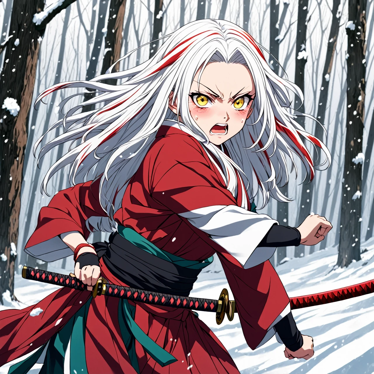 Kimetsu no yaiba anime style female character, long white hair with red hair highlights, yellow eyes, wearing a kimono with an katana, in a snowy forest, soft expression, in fighting position, Blood power, crying 