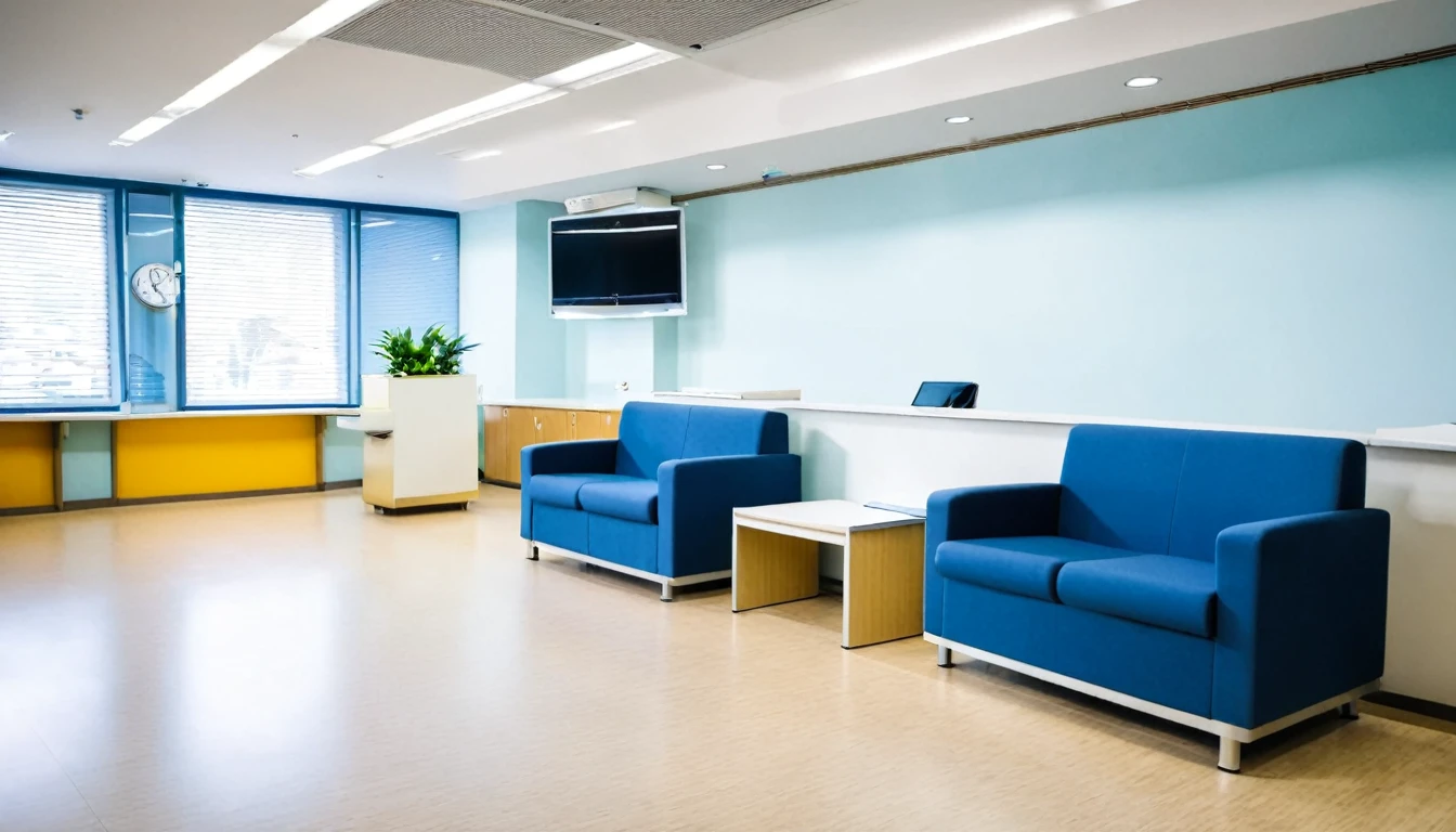 hospital reception, no people, computer at reception, chairs for patients to sit