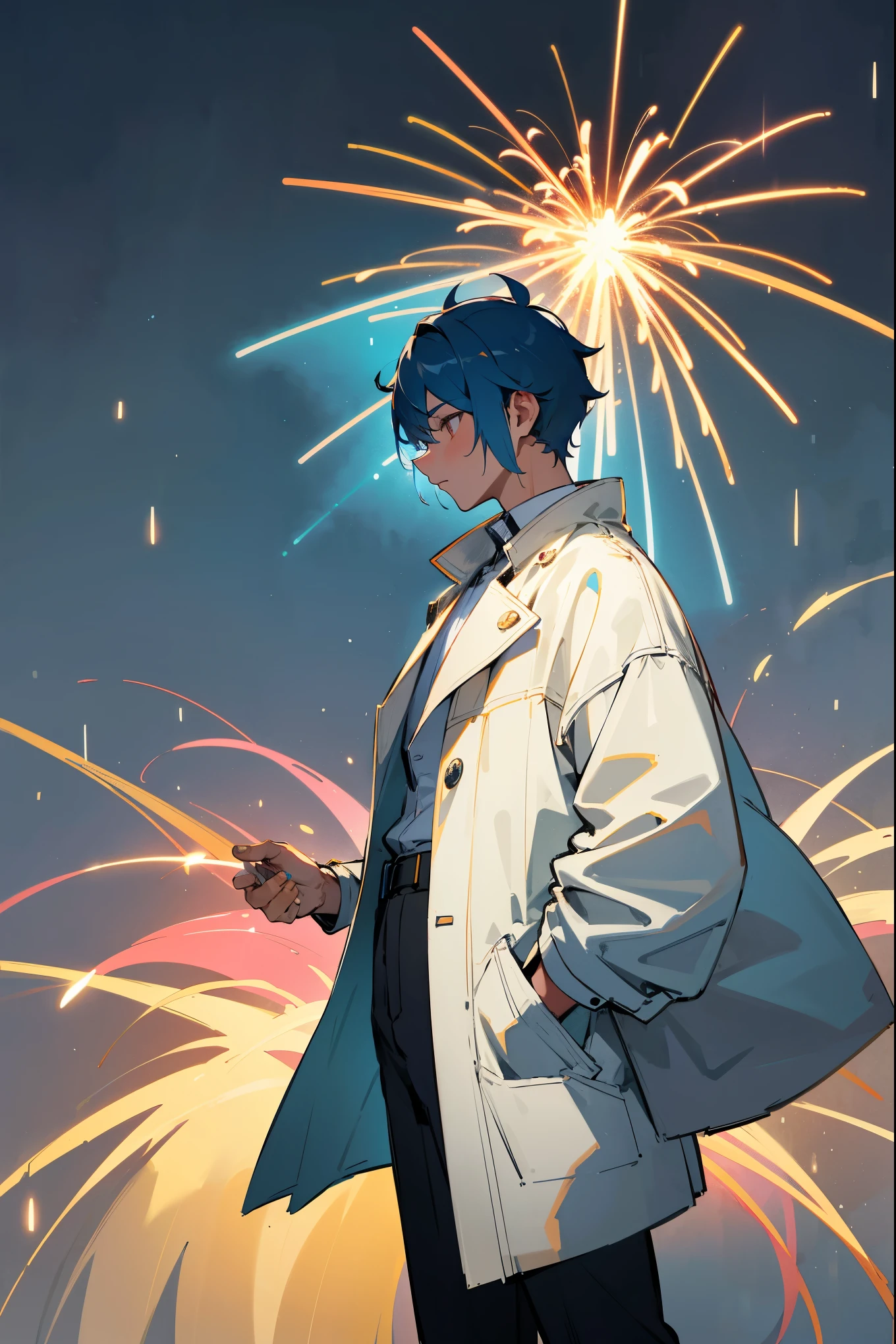 Masterpiece, best quality, super detailed, illustration In the rainy night sky、Colorful large fireworks bloom magnificently、Fireworks blast blows away the surrounding rain clouds、Clear the sky。Below that、A person who have a blue hair, his profile was illuminated by the light of fireworks.、In the background, Cityscape changing from rain to sun.。The spectacle is nostalgic and fantastic., male, arms in pockets, silver eyes, white jacket, mature male
