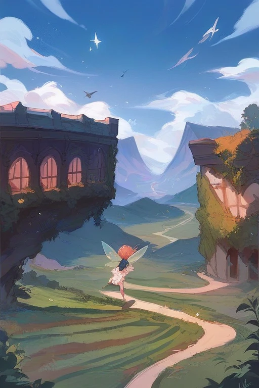 Add a fairy girl flying next to the view with a small dress