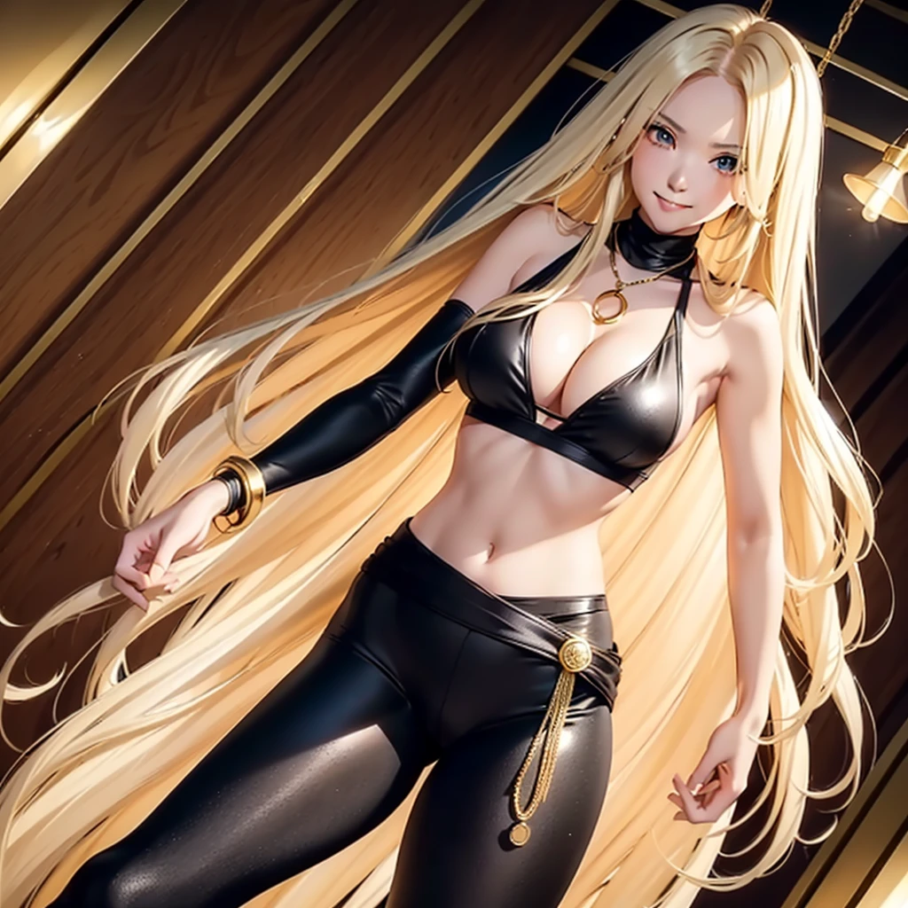 1 girl only, smile, gold necklace with circle pendant ((long blonde hair down to waist, between dates.)), gold Halter Top With Aluminum Chain, ((cleavage is visible.)), medium breasts, thick thighs defined, Butt Lifting Leggings ((black leggings)) low waist, seductive look, sarcastic, shy, blushing, ((light skin))