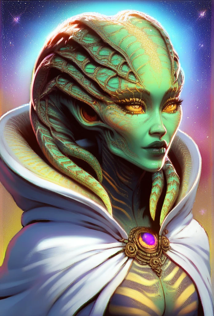 (work of art, maximum quality, best qualityer, offcial art, beautiful and aesthetic:1.2), (1 alien girl), extremely detailed  eyes, (Fractal Art:1.3), colorfully, More Detailed, (face perfect), greenskin, hdr, (white cloak golden lines:1.2), Galaxy, (light stripes), stunning visuals, (dynamic stripes, luminous trails:1.2), swirly vibrant colors, (pretty), (Álien)