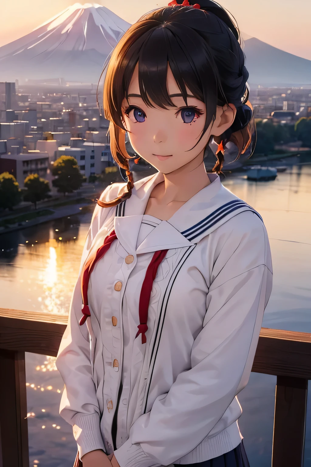 Highest quality、High resolution、Detailed Background、(Beautiful face in every detail:1.4)、Anatomically correct、(Detailed facial expressions)、Teenage beauty、(Highly detailed face:1.4)、Cute hair color、Braided bob cut、Braided Ponytail、Braided long hair、well-groomed eyebrows、Perfect body line、Sailor suit、White sailor collar、Pleated skirt、School Cardigan、White Stockings、
The peak of Mt. Fuji towering in the distance、The bright red morning sun paints the sky、
A girl standing alone on the summit、A sparkle dwells in the eyes that look up to the sky、
The sun's rays shine upon the earth、Beautiful views from high places、
The sight of a girl standing on the mountaintop、clear々A place filled with joy and hope、
(A girl greets the sunrise with a magnificent view of Mt. Fuji:1.5)