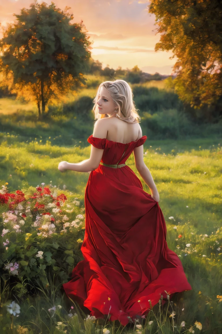 renaissance painting of 1 woman in a field of green plants and flowers, red dress, sunset, warm lighting