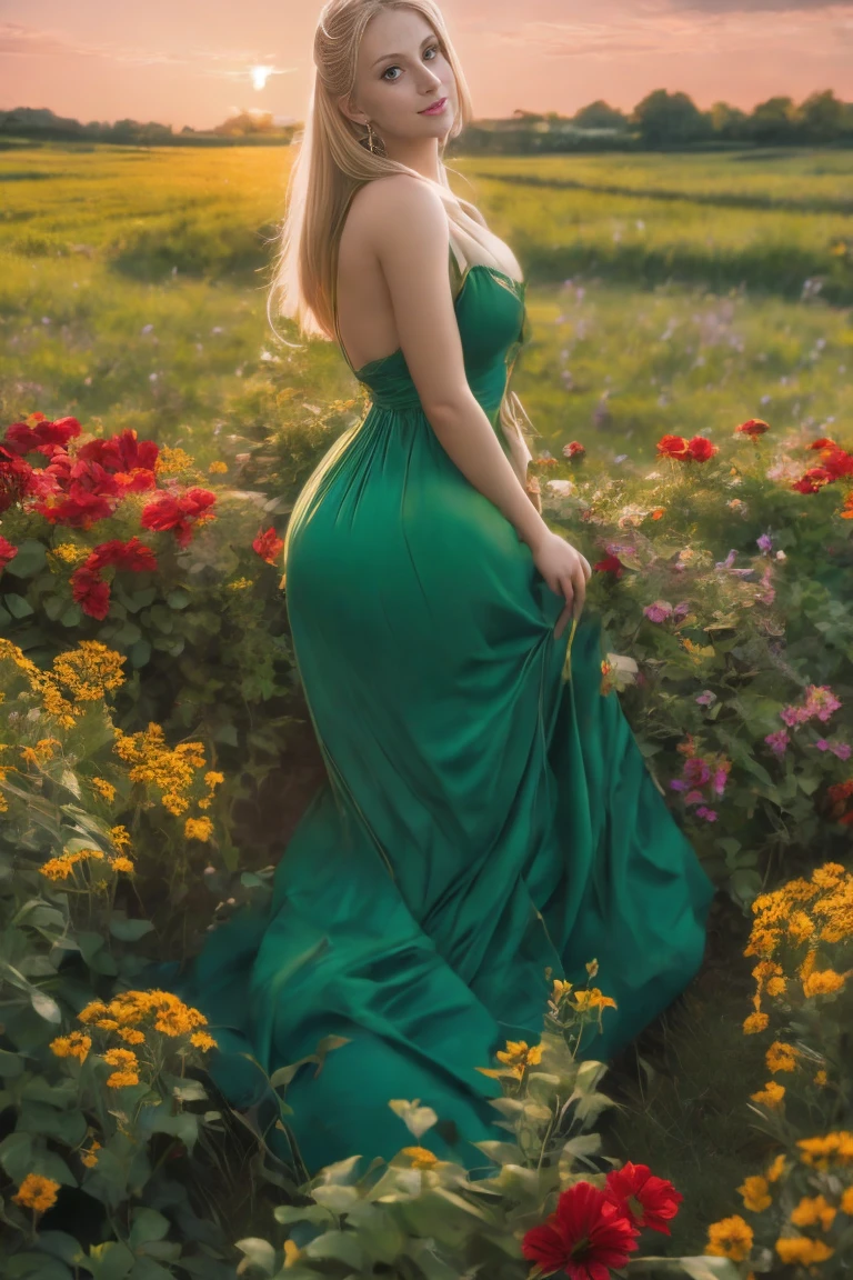 renaissance painting of 1 woman in a field of green plants and flowers, red dress, sunset, warm lighting