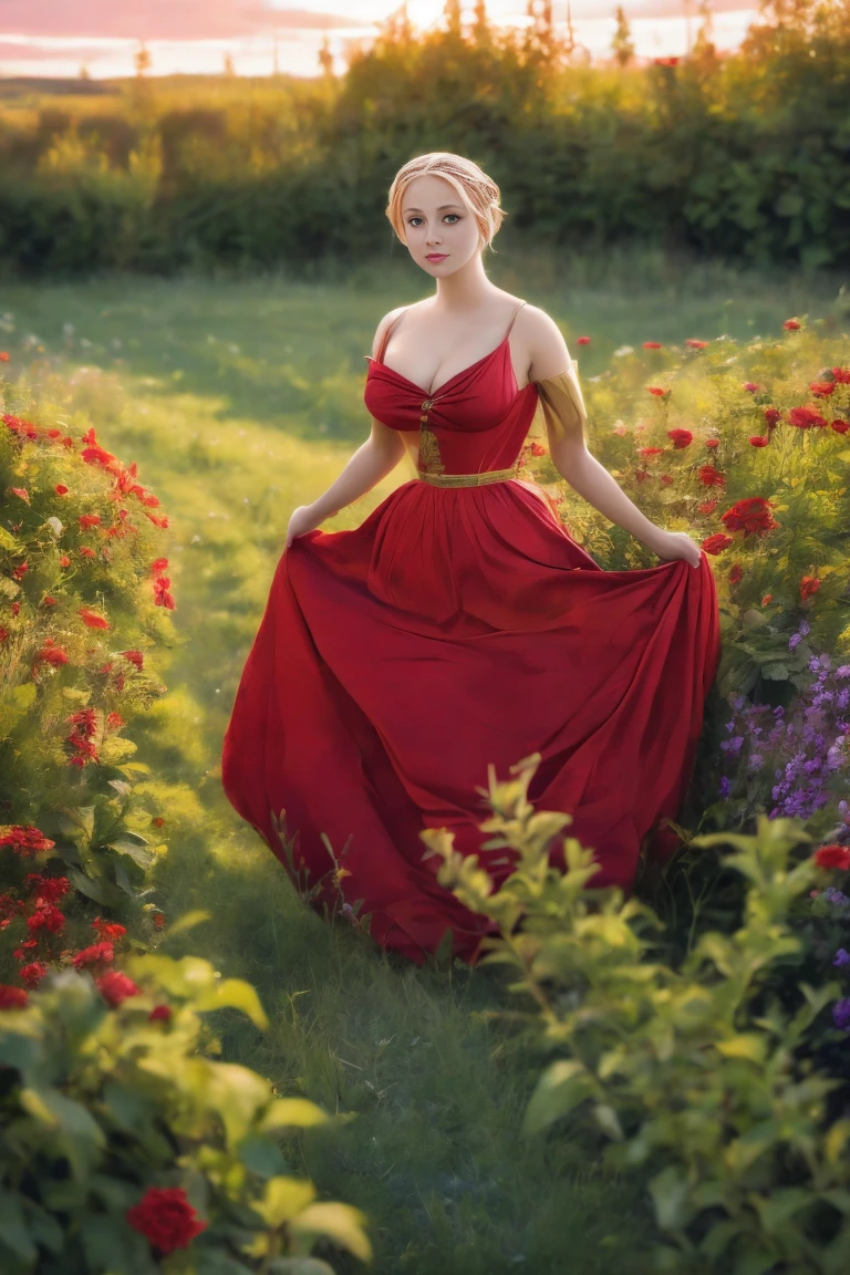renaissance painting of 1 woman in a field of green plants and flowers, red dress, sunset, warm lighting