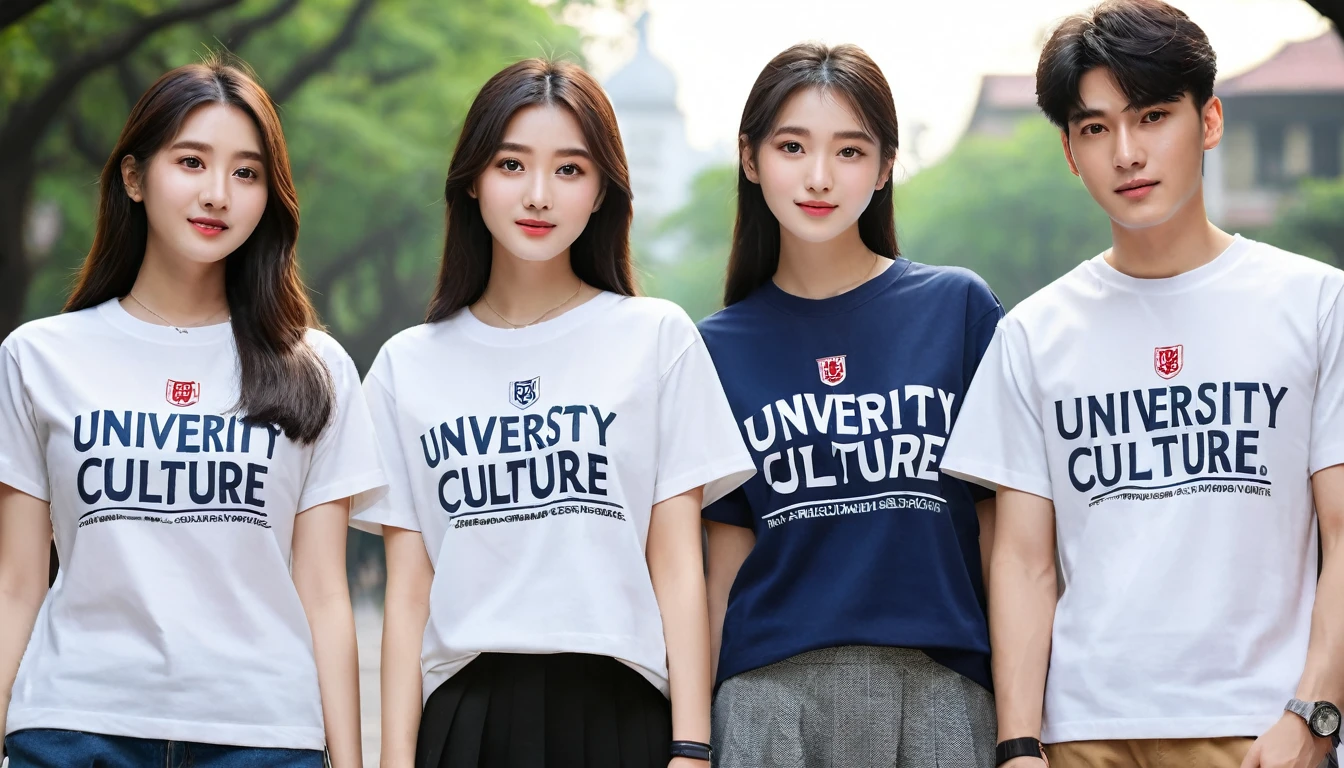 College students wearing university culture shirts。RAW photos,Best quality,(reality,照⽚reality感:1.3),masterpiece,Extremely exquisite and beautiful,High resolution,Original,Perfect lighting,(Extremely detailed CG:1.2),Unification,2k wallpaper,Amazing,Fine details