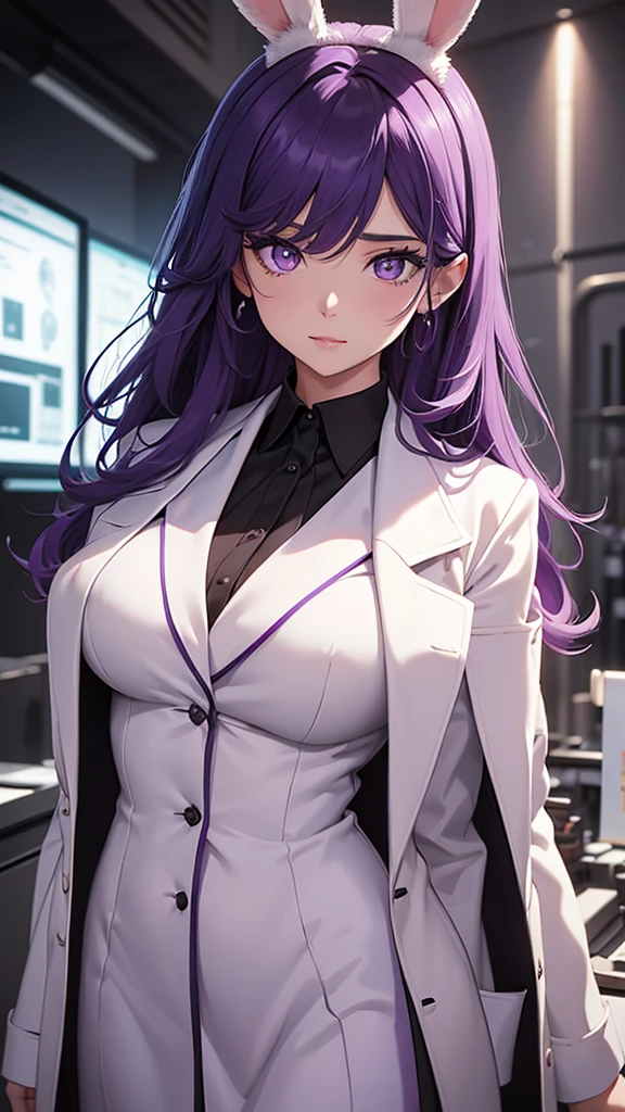 Woman;
cientist;
white labcoat;
black blouse;
Mid breasts;
purple eyes;
cabelo roxo;
(((Grandes orelhas de rabbit roxo;)))
Orelhas na cor roxa