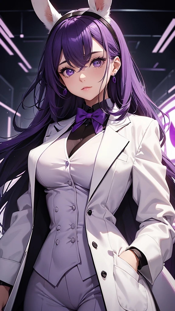 Woman;
cientist;
white labcoat;
black blouse;
Mid breasts;
purple eyes;
cabelo roxo;
(((Grandes orelhas de rabbit roxo;)))