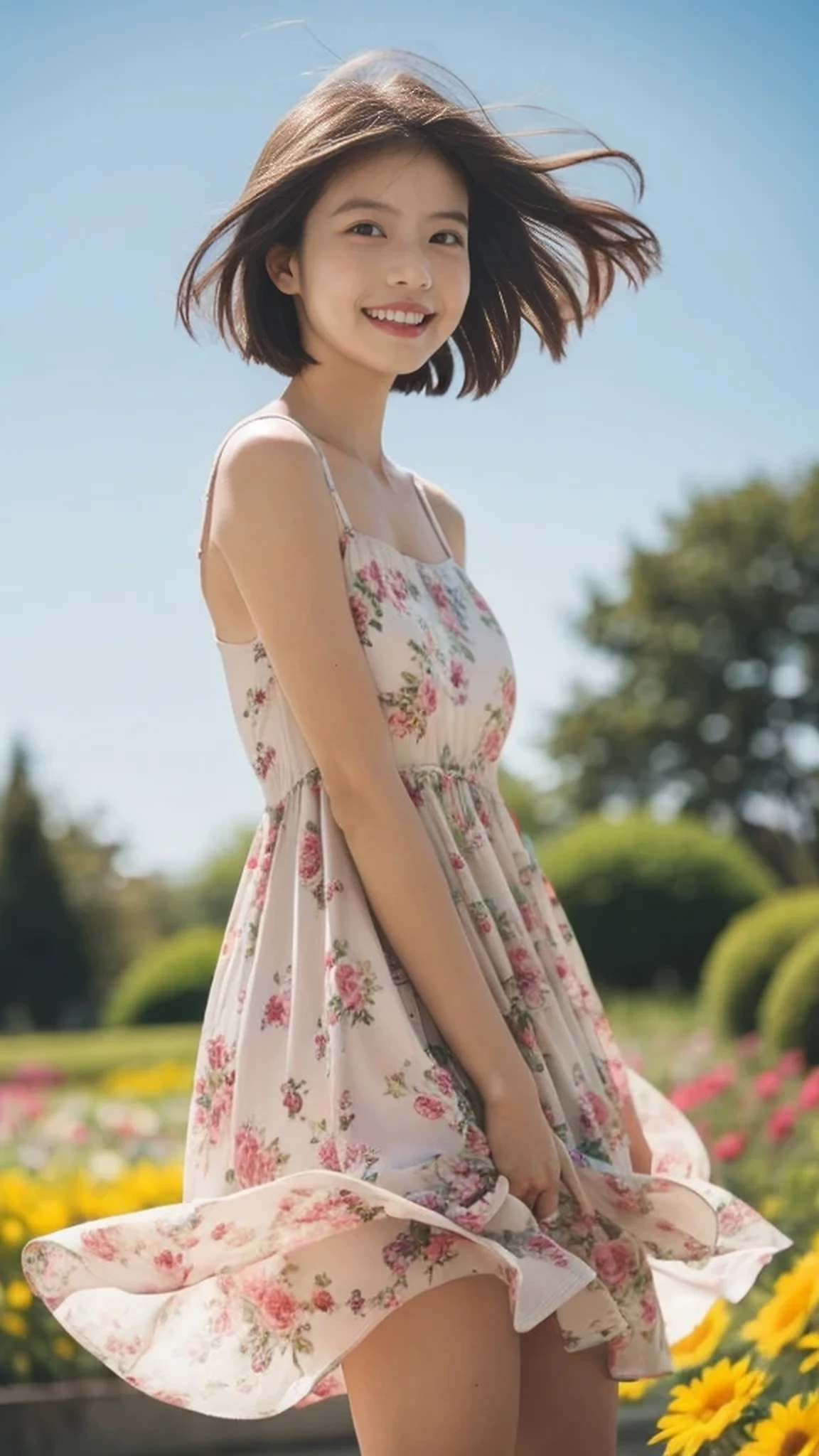 masterpiece, highest quality, disorganized, perfect anatomy, 1 girl, alone, pascal tales, short hair, beautiful, Hilarious, sunny day, botanical garden, Summer winds, sundress, Floral, wavy hair, smile