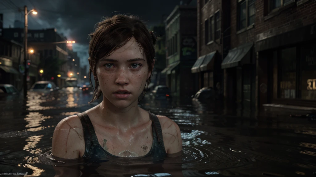 (Ellie the last of us 2), a half-length masterpiece, an 18 year old dark brown American girl with freckles running in the water, blue colored eyes, slim and slim body, very tiny breasts, pale skin, body soaking wet, very highly detailed face, freckles on the face, escaping, afraid, fleeing, dynamic pose, on a flooded street in Manhattan late afternoon, Clouded, flooded city, flood, mud in the streets, the last of us 2 background, apocalyptic atmosphere, The Last Of Us 2 vibes, thunderstorm, lightning, Tuuli, ripples, catastrophic lightning, ultra realistic photograph, ultra HD, 8K, Sharp Photography, wide angle.