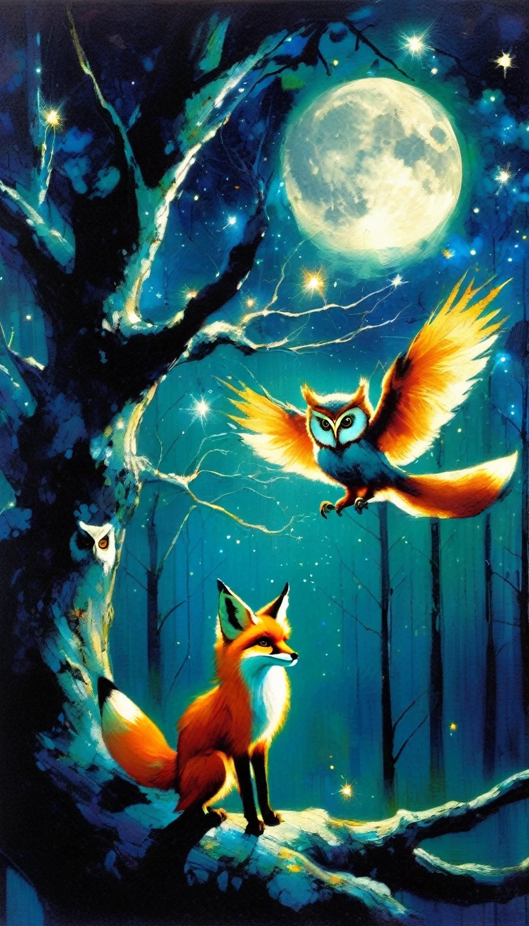 a fox and an owl play on the branches of a tree at night, gloomy forest, magic, fantastic, night sky, moon, stars, background, (art inspired by Bill Sienkiewicz). oil painting)