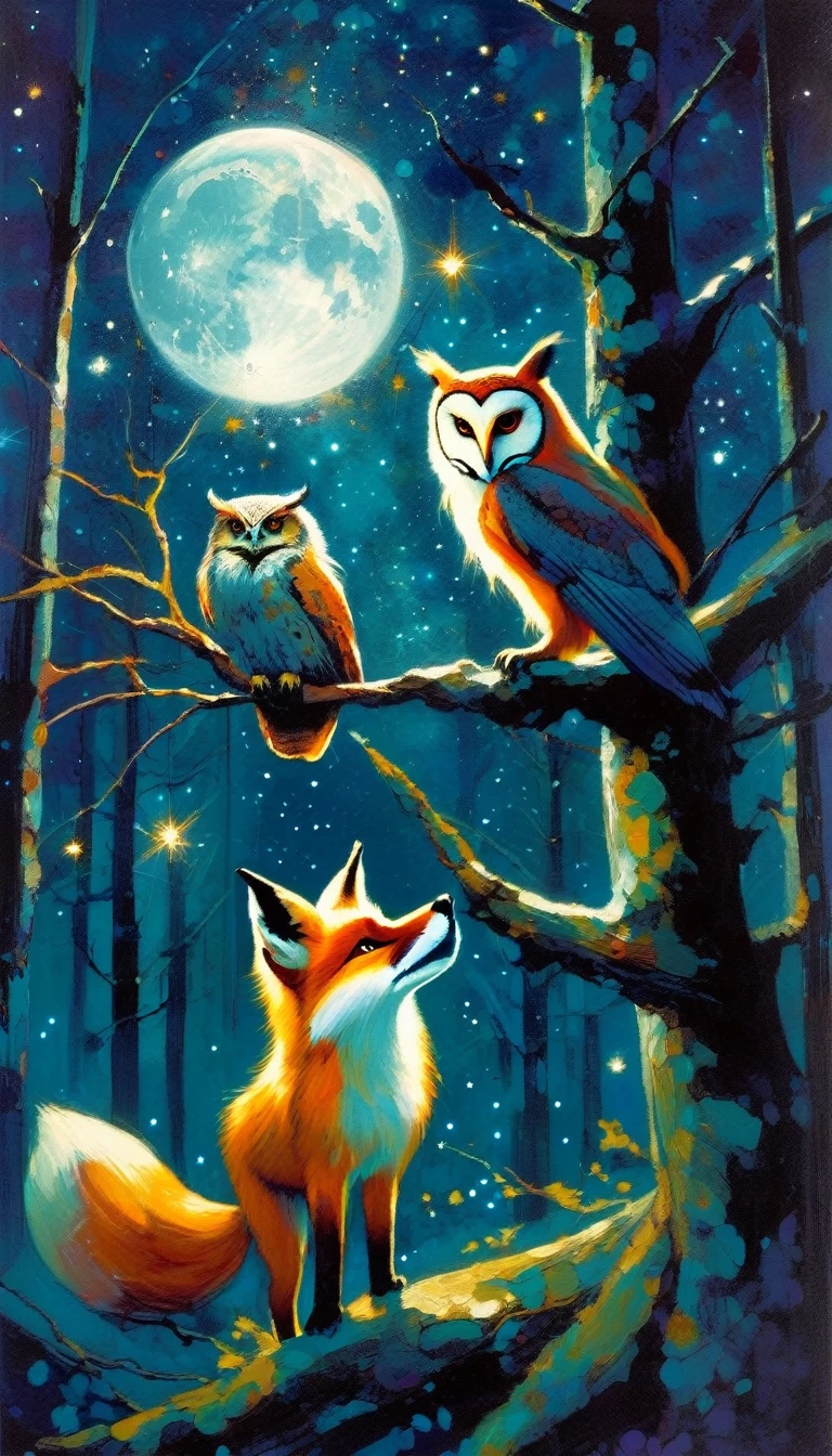 a fox and an owl play on the branches of a tree at night, gloomy forest, magic, fantastic, night sky, moon, stars, background, (art inspired by Bill Sienkiewicz). oil painting)