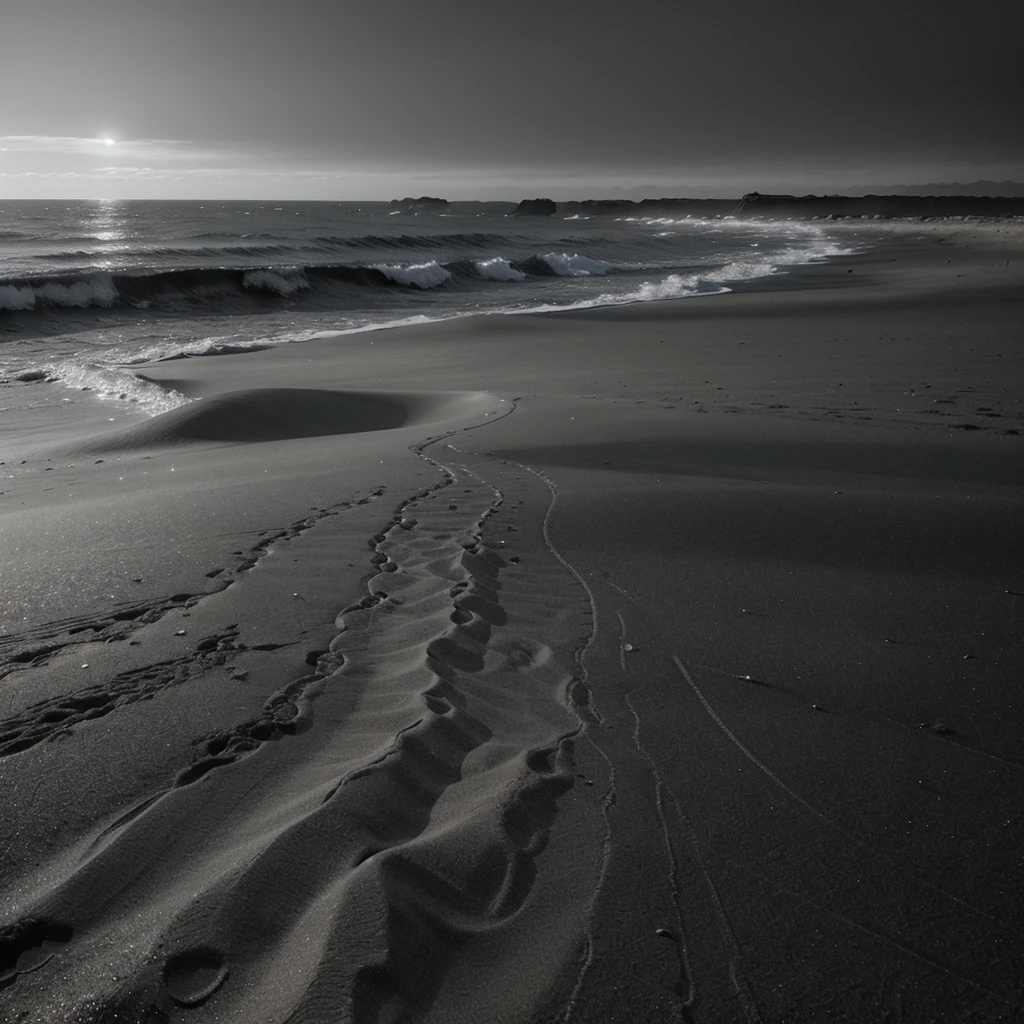 Sand, dark, grey sand, black and white, fog