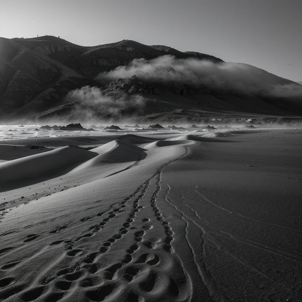 Sand, dark, grey sand, black and white, fog