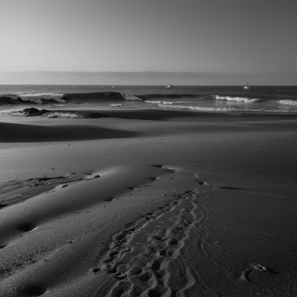 Sand, dark, grey sand, black and white, fog