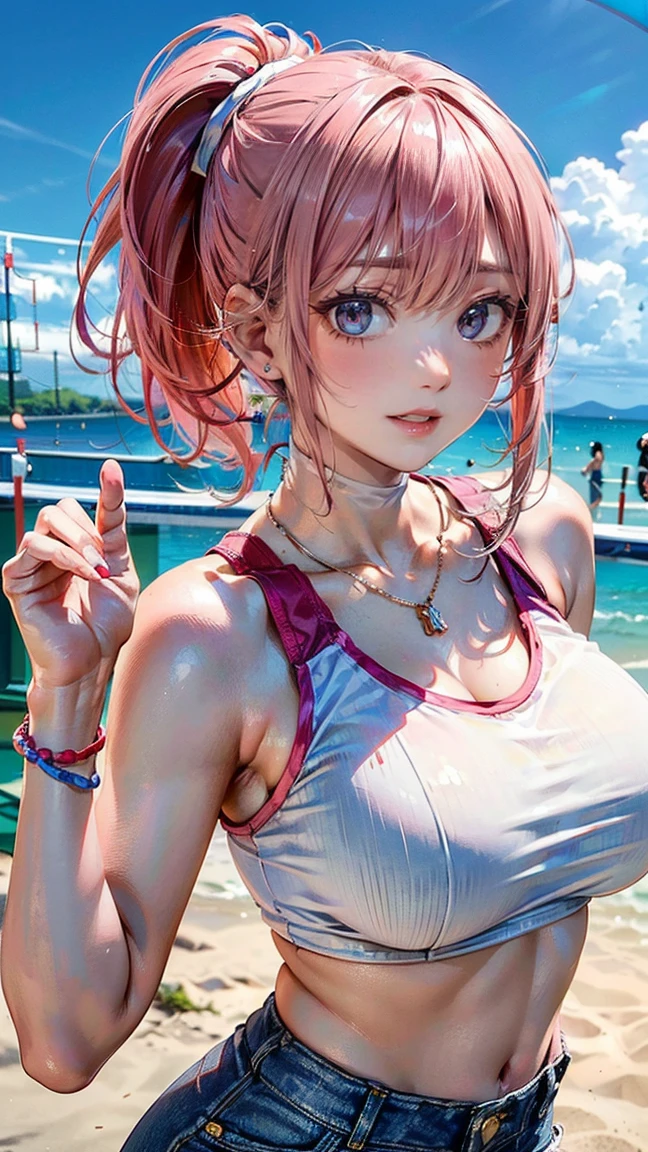 (Masterpiece, BestQuality:1.3), (ultra detailed:1.2), (hyperrealistic:1.3), (RAW photo:1.2), High detail RAW color photo, professional photograph, (Photorealistic:1.4), (realistic:1.4), professional lighting, perfect anatomy, (Big Breasts:1.2), (blush, detailed face), (cheerful Smile:1.5), Trending Hair&Trending Hairカラーをランダムに, earrings, necklace, bracelet, sexly, erotic sexly, Random sexy gravure poses, (A woman wearing a white crop top and denim shorts、She is posing sexy and smiling happily while playing beach volleyball.。Pink hair ponytail swinging。:1.3)