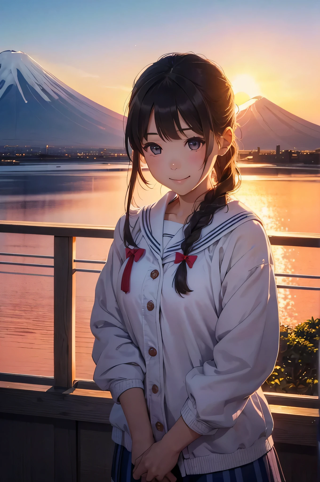 Highest quality、High resolution、Detailed Background、(Beautiful face in every detail:1.4)、Anatomically correct、(Detailed facial expressions)、Teenage beauty、(Highly detailed face:1.4)、Cute hair color、Braided bob cut、Braided Ponytail、Braided long hair、well-groomed eyebrows、Perfect body line、Sailor suit、White sailor collar、Pleated skirt、School Cardigan、White Stockings、A big smile、smile、
The peak of Mt. Fuji towering in the distance、The bright red morning sun paints the sky、
A girl standing alone on the summit、A sparkle dwells in the eyes that look up to the sky、
The sun's rays shine upon the earth、Beautiful views from high places、
The sight of a girl standing on the mountaintop、clear々A place filled with joy and hope、
(A girl greets the sunrise with a magnificent view of Mt. Fuji:1.5)