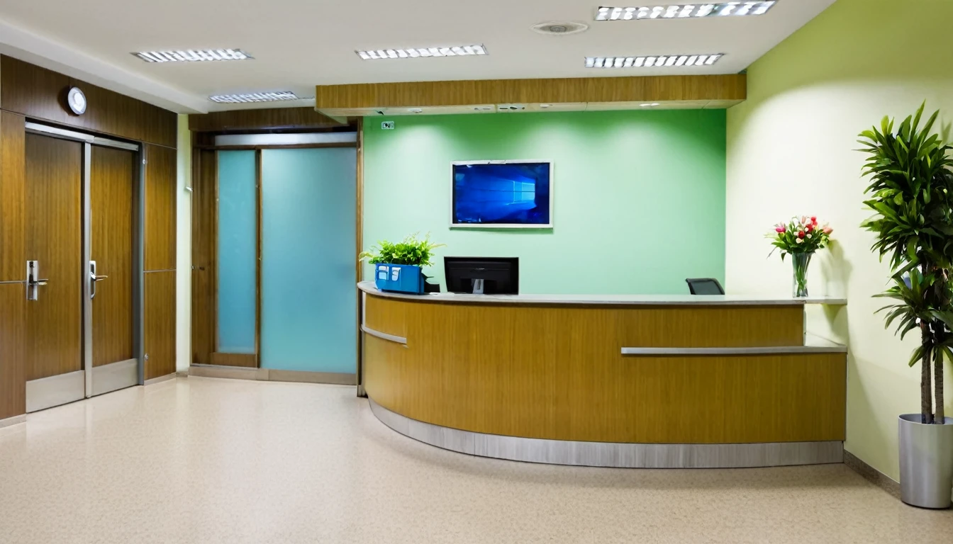 hospital reception, no people, computer at reception