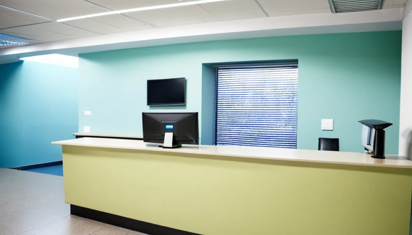 hospital reception, no people, computer at reception