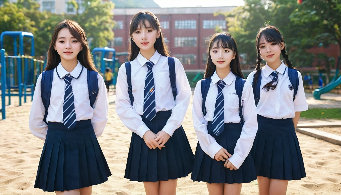 in school uniforms,Standing on the playground。(RAW photos,Best quality),(reality,照⽚reality感:1.3),masterpiece,Extremely exquisite and beautiful,High resolution,Original,Perfect lighting,(Extremely detailed CG:1.2),Unification,2k wallpaper,Amazing,Fine details