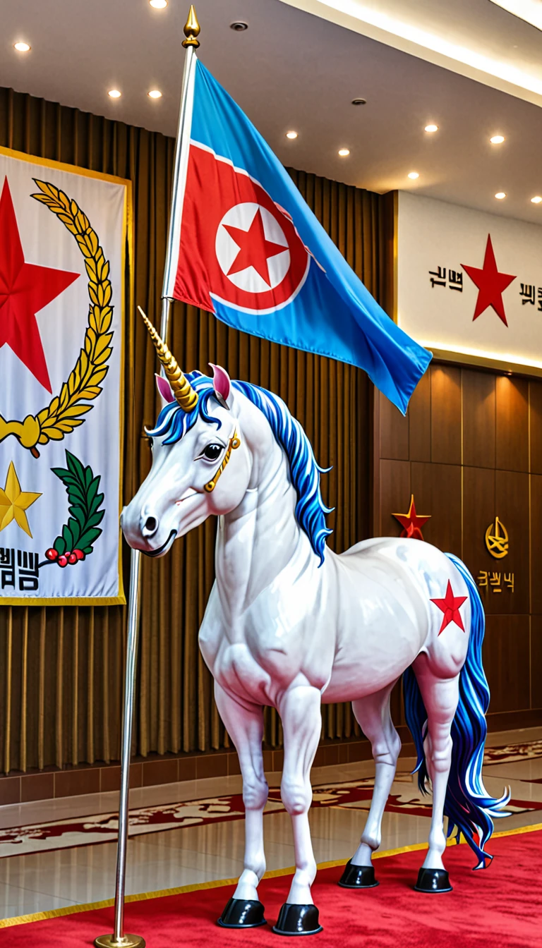 A whimsical unicorn (Chollima) standing proudly next to the North Korean flag.