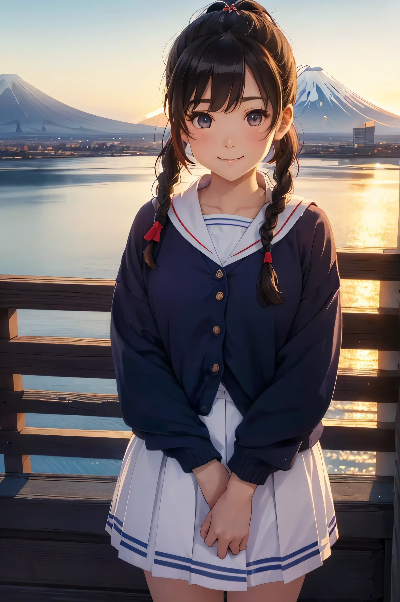 Highest quality、High resolution、Detailed Background、(Beautiful face in every detail:1.4)、Anatomically correct、(Detailed facial expressions)、Teenage beauty、(Highly detailed face:1.4)、Cute hair color、Braided bob cut、Braided Ponytail、Braided long hair、well-groomed eyebrows、Perfect body line、Sailor suit、White sailor collar、Pleated skirt、School Cardigan、White Stockings、A big smile、smile、
The peak of Mt. Fuji towering in the distance、The bright red morning sun paints the sky、
A girl standing alone on the summit、A sparkle dwells in the eyes that look up to the sky、
The sun&#39;s rays shine upon the earth、Beautiful views from high places、
The sight of a girl standing on the mountaintop、clear々A place filled with joy and hope、
(A girl greets the sunrise with a magnificent view of Mt. Fuji:1.5)